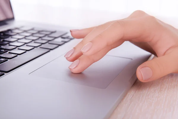 Female hands working on laptop on light background — Stock Photo, Image