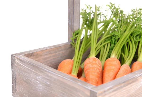 Zanahoria fresca en caja aislada en blanco — Foto de Stock