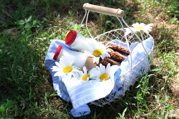 Leckerer Imbiss im Korb auf Rasengrund für ein schönes Wochenende im Park — Stockfoto