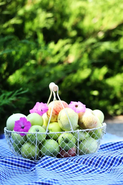 Reife Äpfel im Korb im Freien — Stockfoto