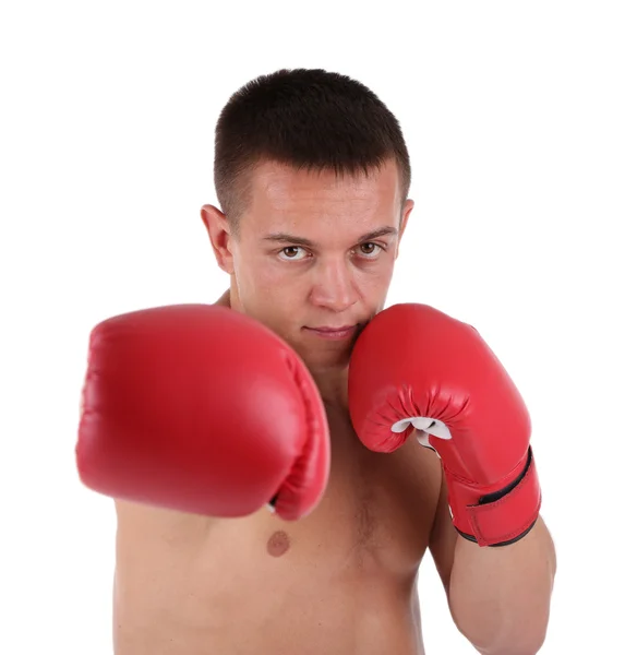 Bonito jovem desportista muscular com luvas de boxe isolado em branco — Fotografia de Stock