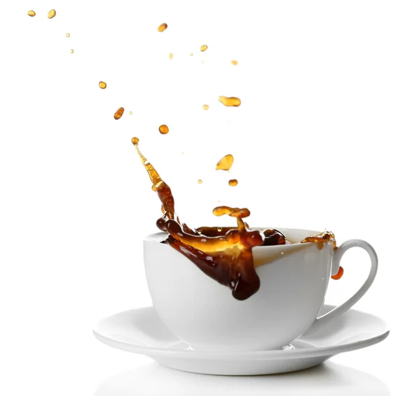 Cup of coffee with splashes, isolated on white — Stock Photo, Image