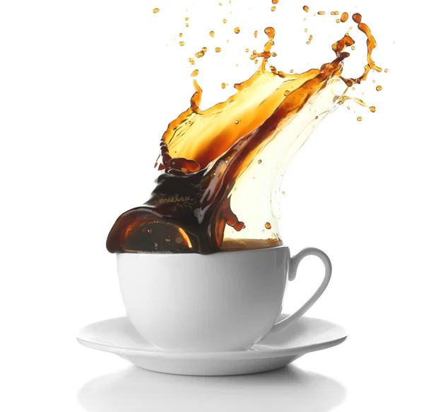 Cup of coffee with splashes, isolated on white — Stock Photo, Image