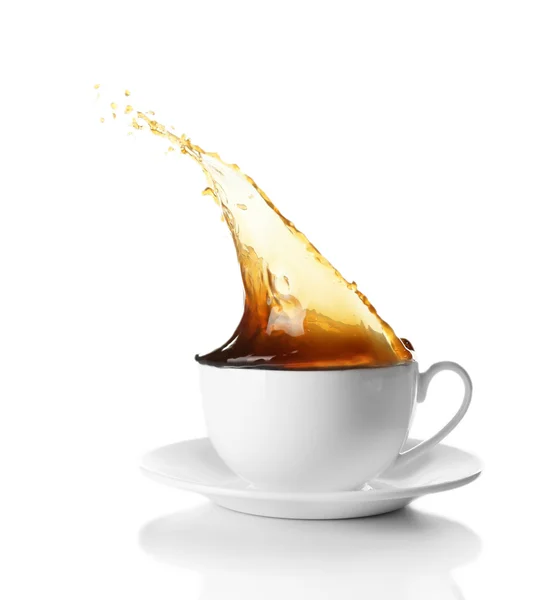 Cup of coffee with splashes, isolated on white — Stock Photo, Image