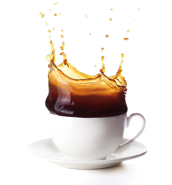 Cup of coffee with splashes, isolated on white — Stock Photo, Image