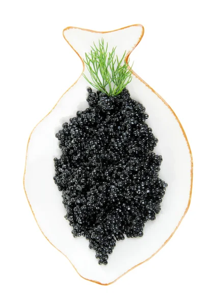 Caviale nero su piatto a forma di pesce isolato su bianco — Foto Stock
