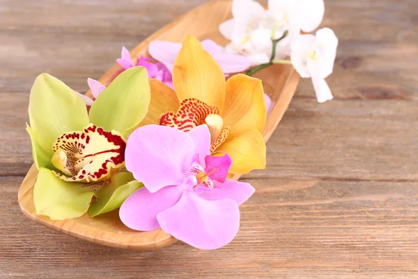 Fiori di orchidea tropicale in ciotola su sfondo di legno — Foto Stock