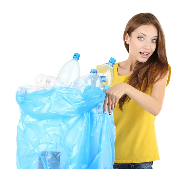 Girl sorting plastic bottles — Stock Photo, Image