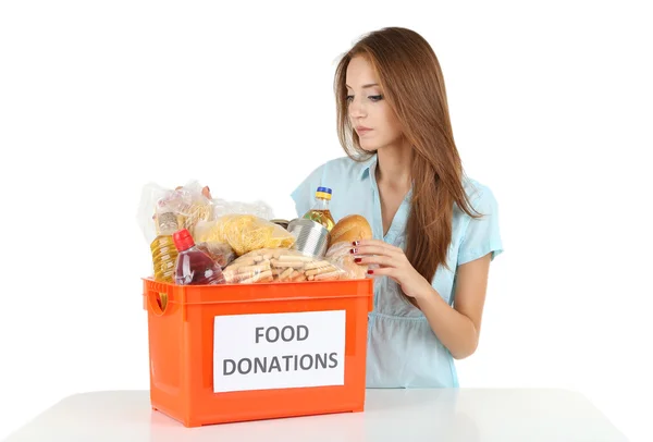 Chica voluntaria con caja de donación — Foto de Stock