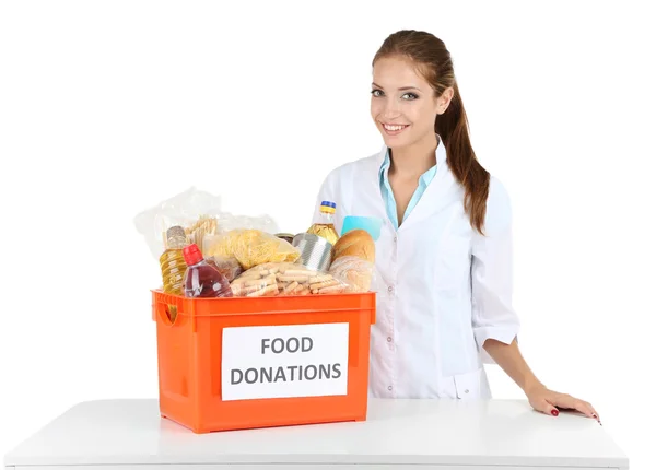 Menina voluntária com caixa de doação — Fotografia de Stock