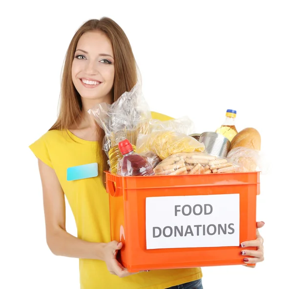 Girl volunteer with donation box — Stock Photo, Image