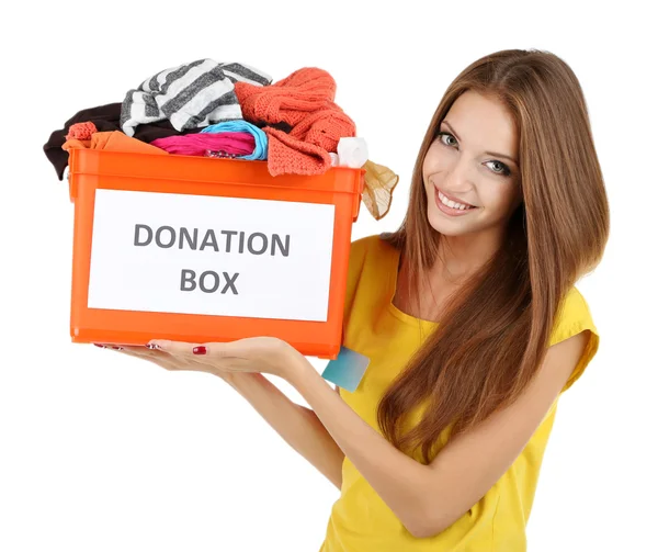 Dívka dobrovolníků s darováním box — Stock fotografie