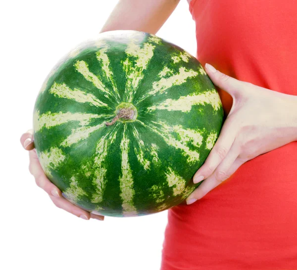 Woman holding watermelon isolated on white — Stock Photo, Image