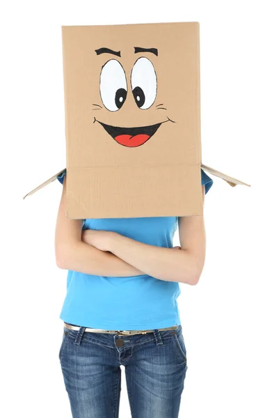 Woman with cardboard box on her head with happy face, isolated on white — Stock Photo, Image