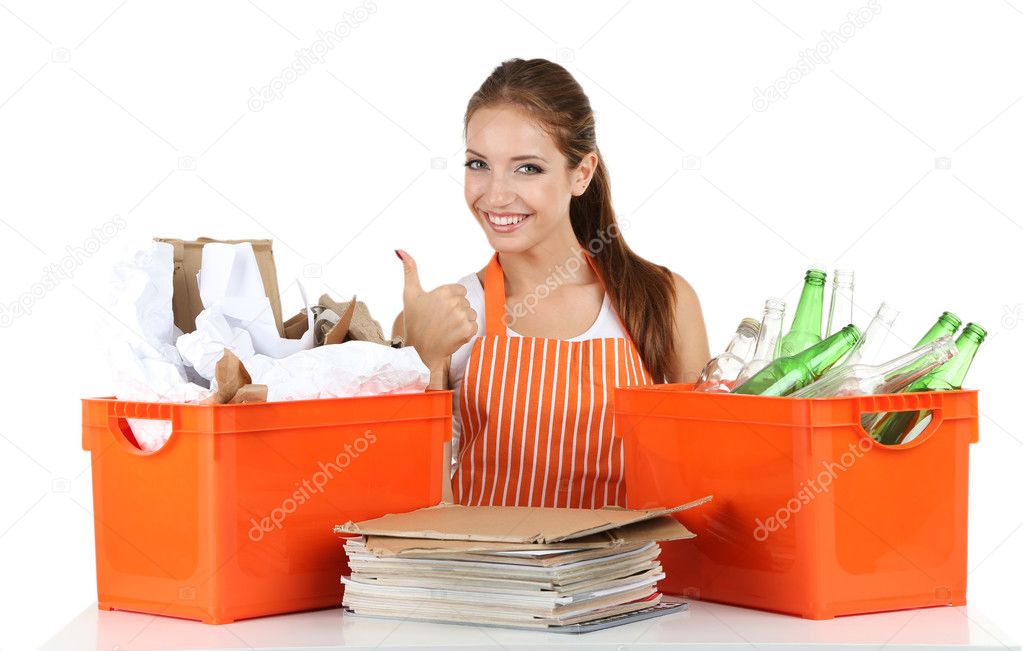 Young girl waste sorting isolated on white