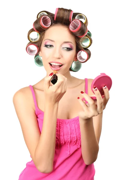 Beautiful girl in hair curlers isolated on white — Stock Photo, Image