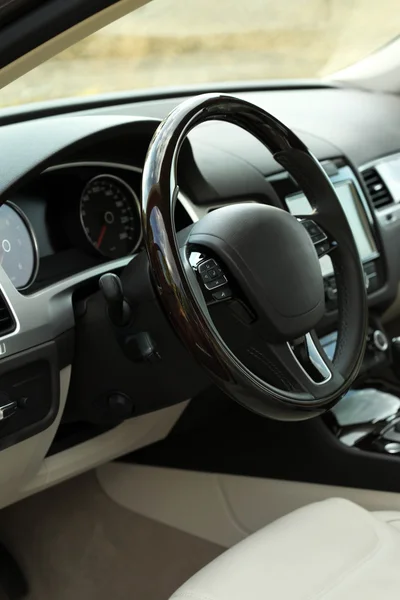 Modern car interior. Steering wheel, close-up — Stock Photo, Image