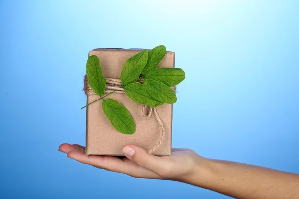 Mano femenina sosteniendo caja de regalo artesanal de estilo natural con hojas frescas y cordel rústico, sobre fondo de color —  Fotos de Stock