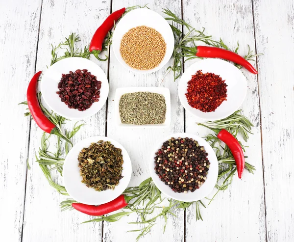 Spice with herbs and dried chilly pepper on wooden background — Stock Photo, Image