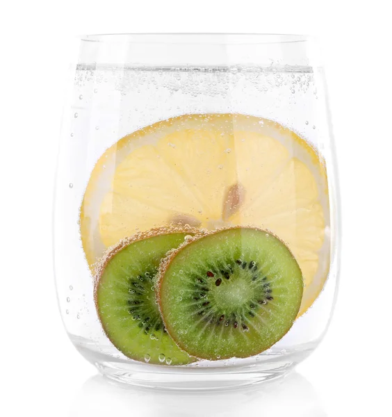 Kiwi and lemon in glass of water isolated on white — Stock Photo, Image