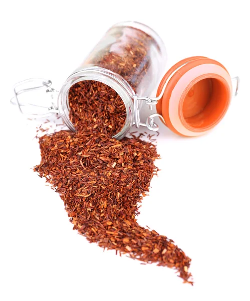 Dried rooibos tea in glass jar, isolated on white — Stock Photo, Image