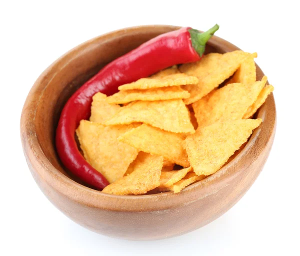 Tasty nachos  on color bowl, isolated on white — Stock Photo, Image