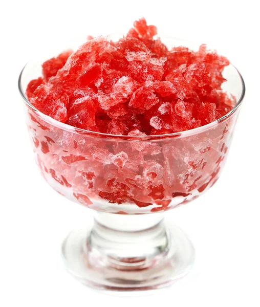Closeup of cherry granita in glass bowl, isolated on white — Stock Photo, Image