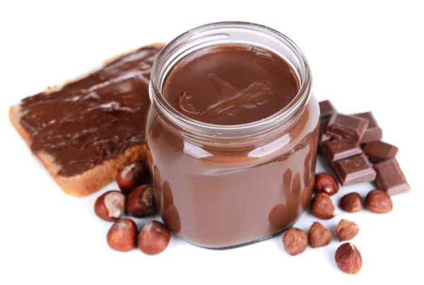 Sweet chocolate cream in jar isolated on white — Stock Photo, Image