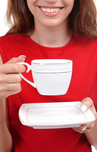 Hermosa joven con taza de café de cerca —  Fotos de Stock