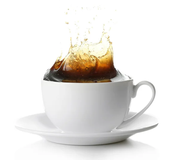 Cup of coffee with splashes, isolated on white — Stock Photo, Image