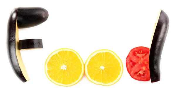 Note di alimentazione. Word Alimenti a base di frutta e verdura, isolati su bianco — Foto Stock