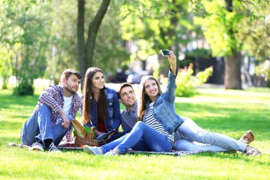Parkta piknik üzerinde mutlu arkadaşlar