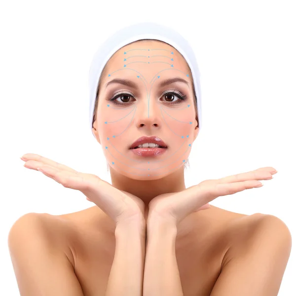 Face massage. Young woman in headband, isolated on white (with arrows) — Stock Photo, Image