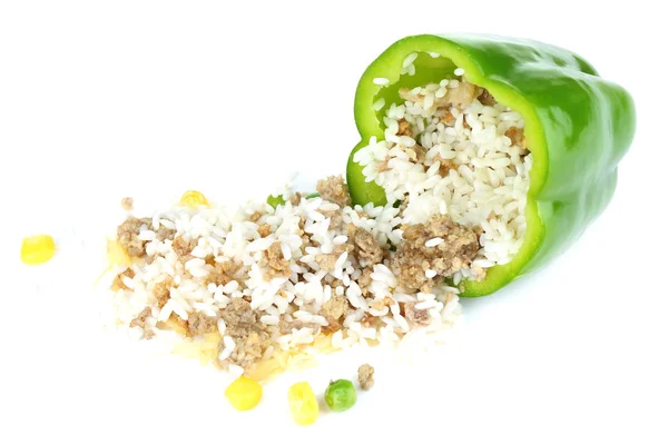 Pepper prepared for cooking stuffed paprika with raw meat and rice, corn and peas, isolated on white — Stock Photo, Image