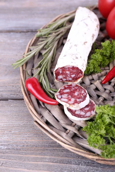 French salami with tomatoes, bread and parsley — Stock Photo, Image