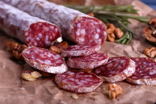 French salami and walnuts — Stock Photo, Image