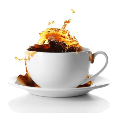 Cup of coffee with splashes, isolated on white clipart