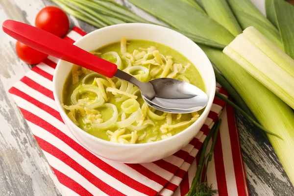 Leek soup on table, close up — Stock Photo, Image