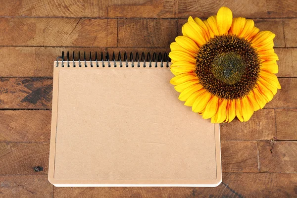 Schöne Sonnenblume mit Notizblock auf Holzgrund — Stockfoto