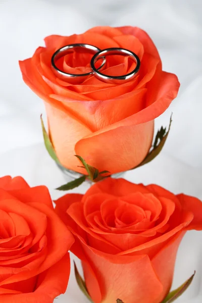 Snubní prsteny na svatební kytici, close-up, na světlé pozadí — Stock fotografie