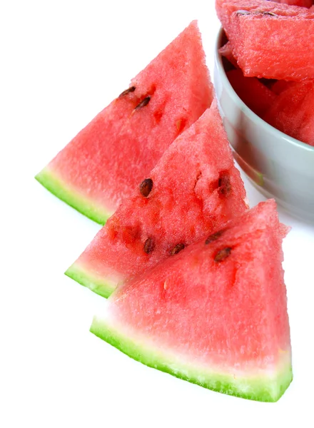 Slices of watermelon in bowl isolated on white — Stock Photo, Image