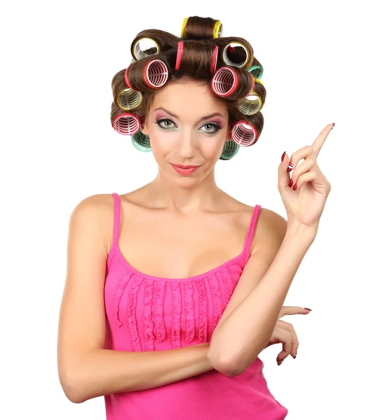Menina bonita em encrespadores de cabelo isolado no branco — Fotografia de Stock