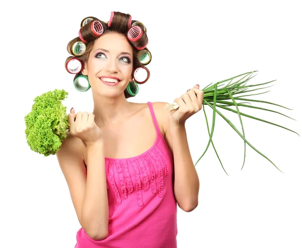 Bella ragazza in bigodini capelli isolati su bianco — Foto Stock