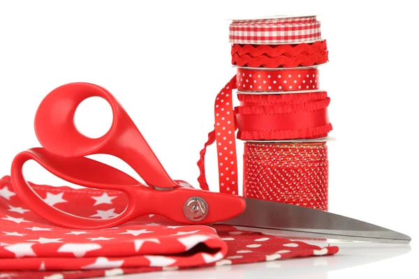 Ribbons with scissors and fabrics — Stock Photo, Image