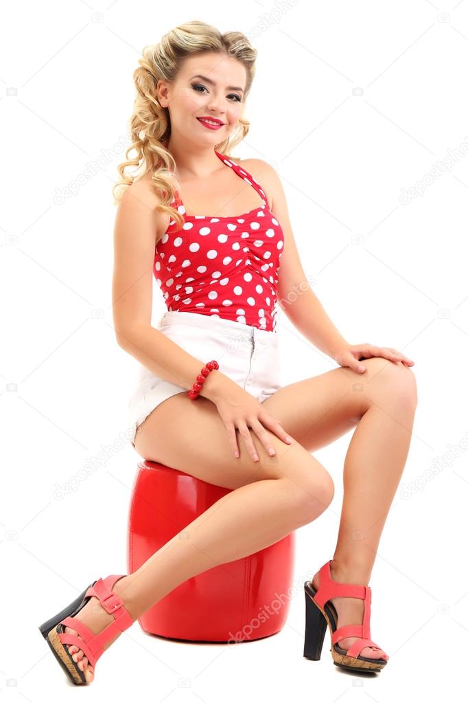 Beautiful girl with pretty smile in pinup style, isolated on white