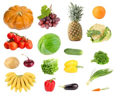 taze meyve ve sebzelerin üzerine beyaz izole kolaj