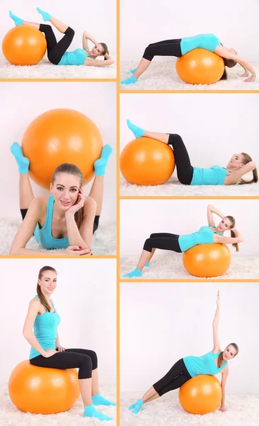Concepto de salud. Collage de diferentes ejercicios por mujer joven — Foto de Stock