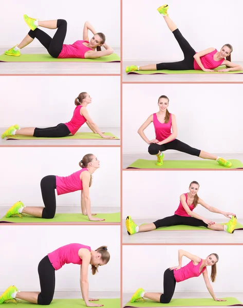 Health concept. Collage of different exercises by young woman — Stock Photo, Image