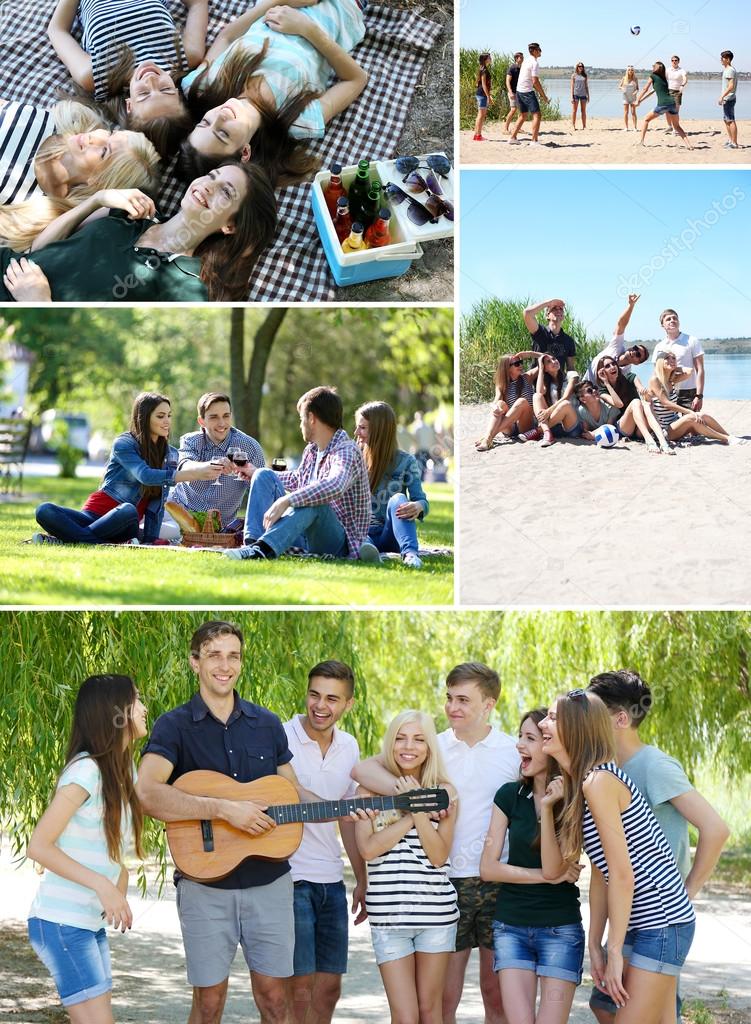 Collage of images with happy friends on beach