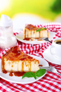 Peynir pasta plaka üzerinde doğa arka plan üzerinde kırmızı masa örtüsü
